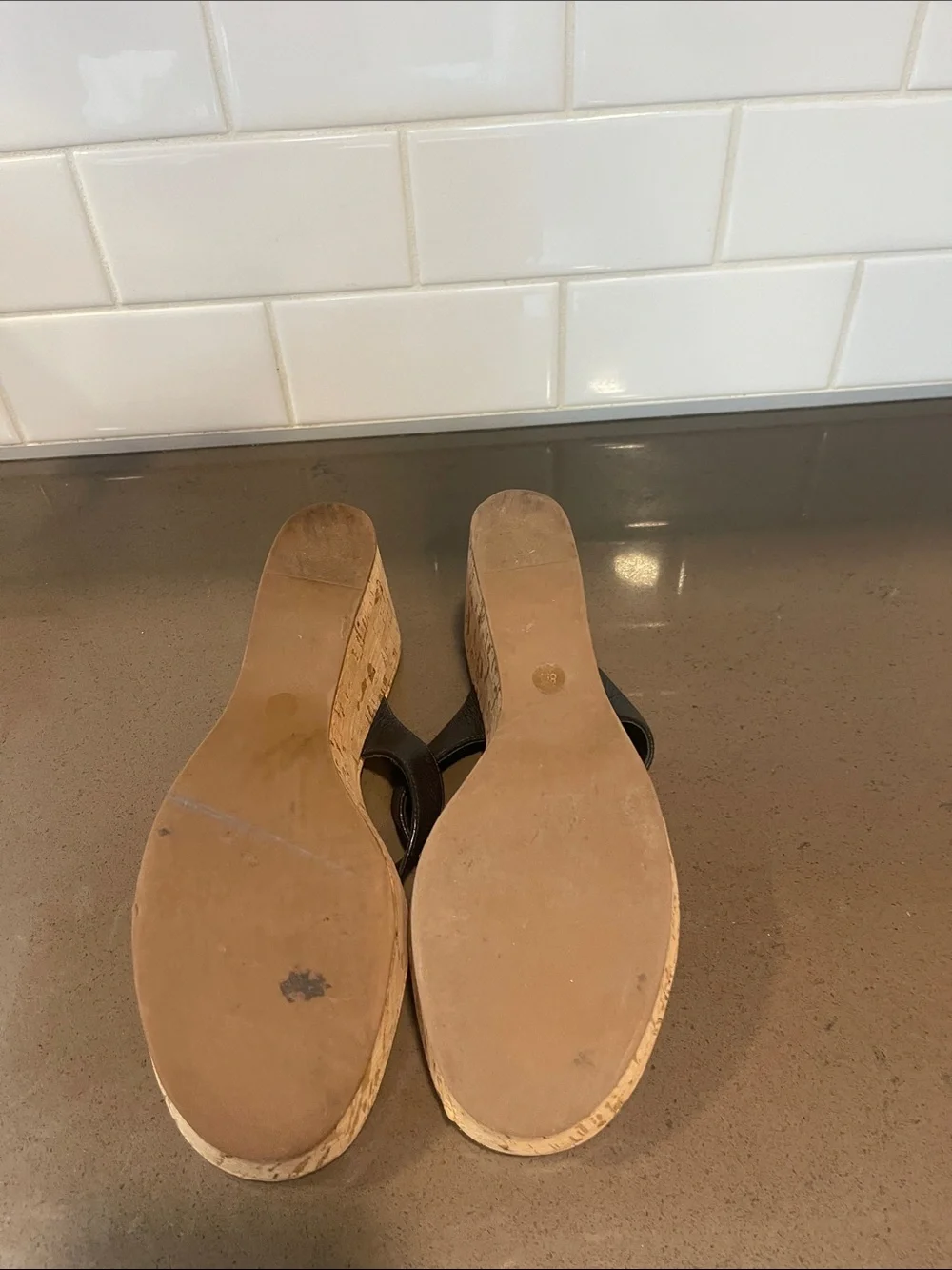 Tory Burch Black Leather Cork Wedge Thong Sandals with Gold Logo